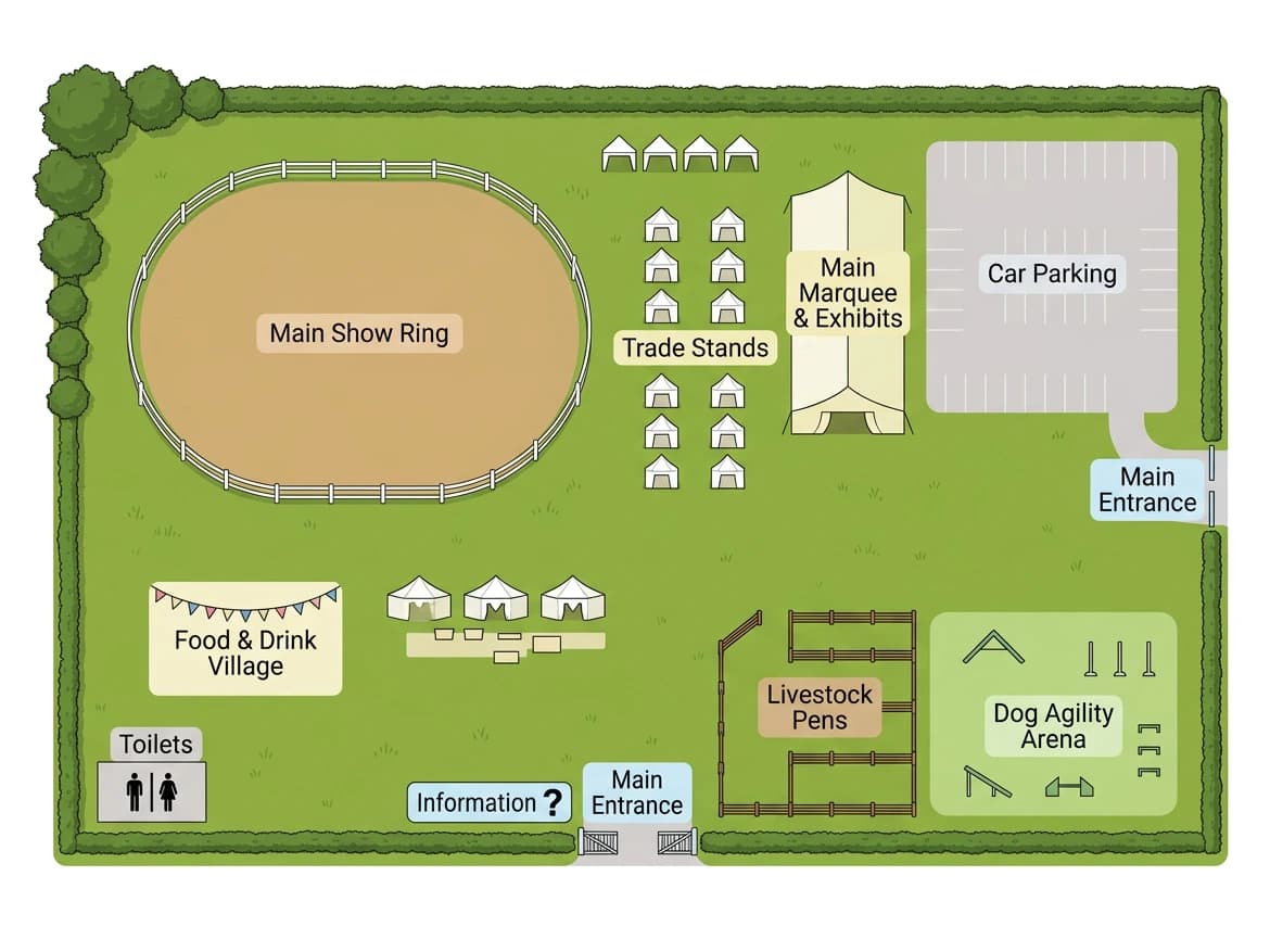 Illustrated aerial-style map of a fictional UK agricultural showground, showing main marquee, livestock pens, dog agility area, car parking, food vendors, toilets, first aid and main entrance, built using the ShowDayGuide map builder.