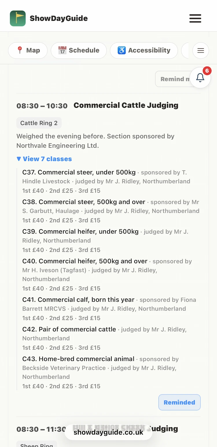 The same commercial cattle classes on a phone, each with its sponsor, judge and prize money