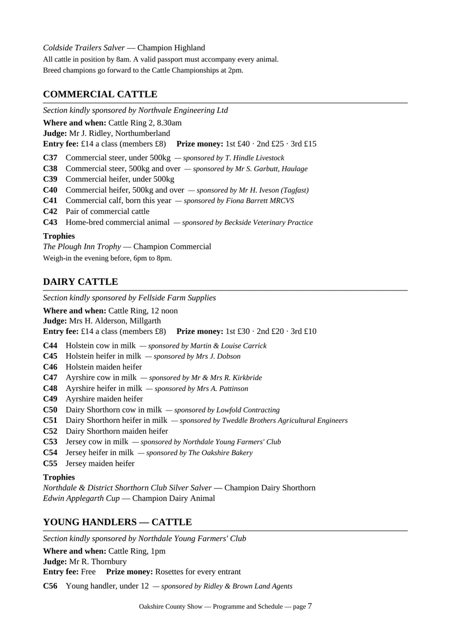 Page 7 of the printed Oakshire County Show programme: the commercial cattle classes with the ring, judge, entry fee, prize money and each class's sponsor, then the dairy cattle classes