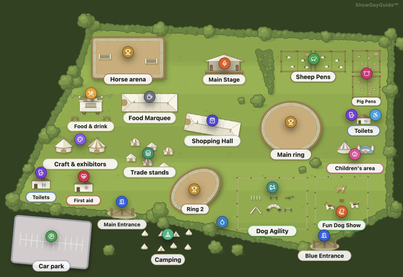 Interactive showground map built with the map builder — tap the pins to explore