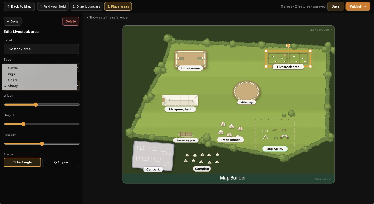 Editing a livestock area in the showground map builder — choosing between cattle, pig, goat and sheep pens, with size and rotation controls