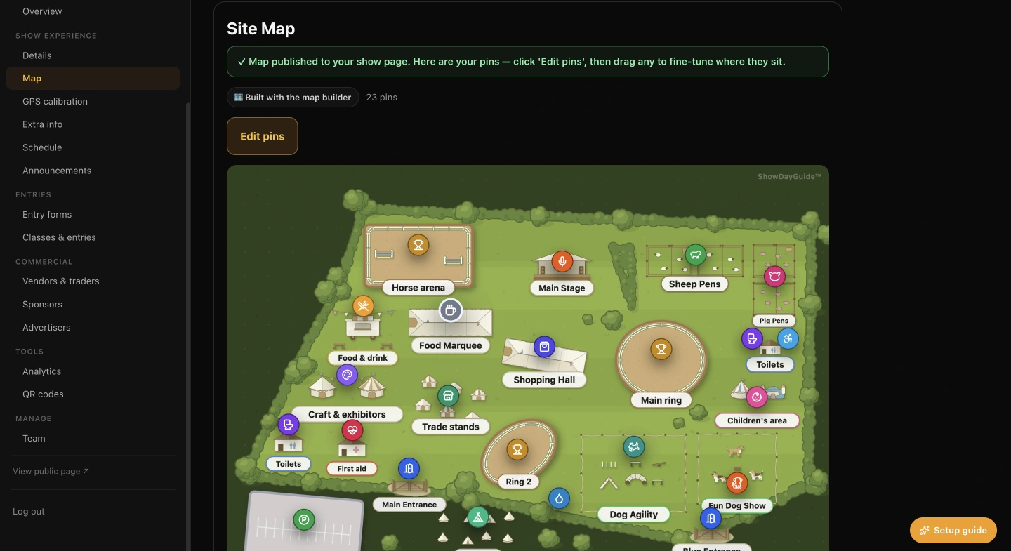 The published site map in the ShowDayGuide organiser dashboard, with 23 interactive pins created automatically from the map's areas
