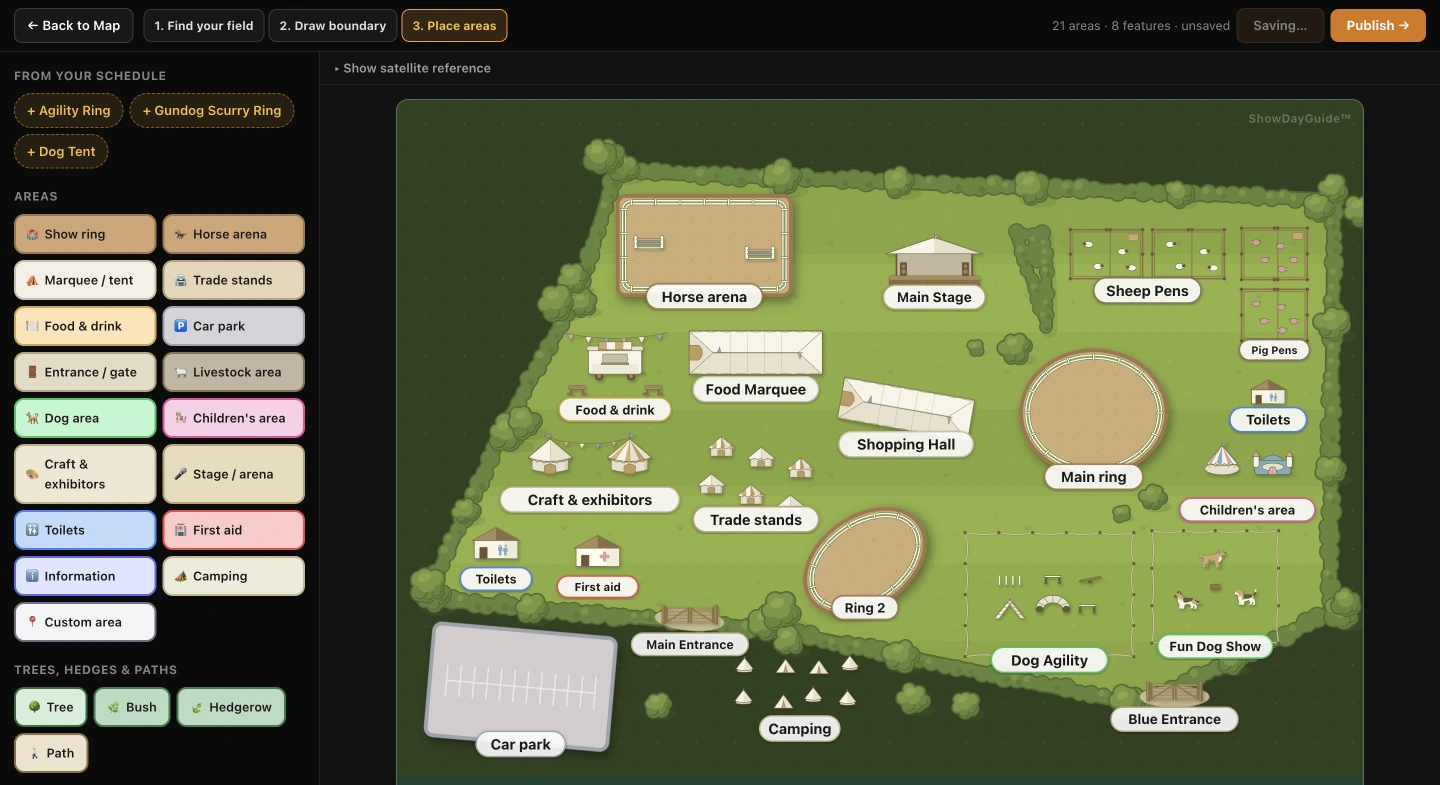 A finished showground map with 21 areas in the map builder, drawn automatically in ShowDayGuide's illustrated style