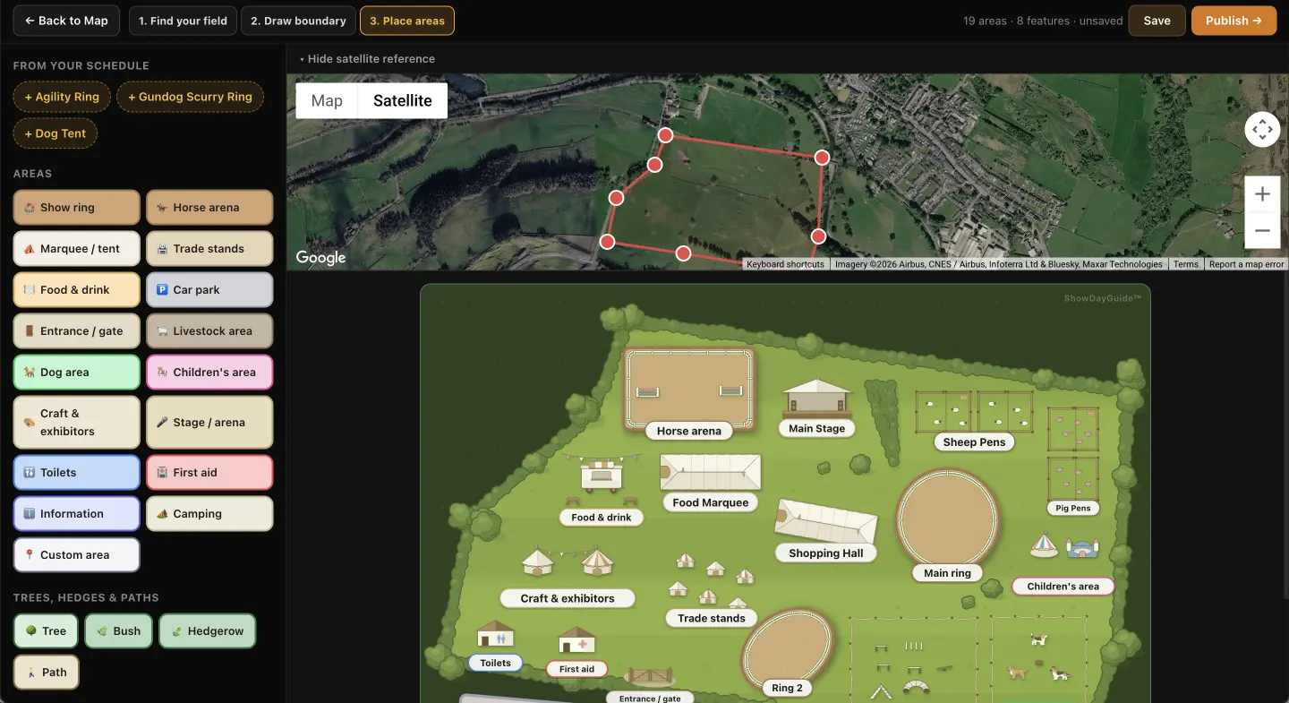 The ShowDayGuide map builder with a showground boundary drawn over Google satellite view of the real field