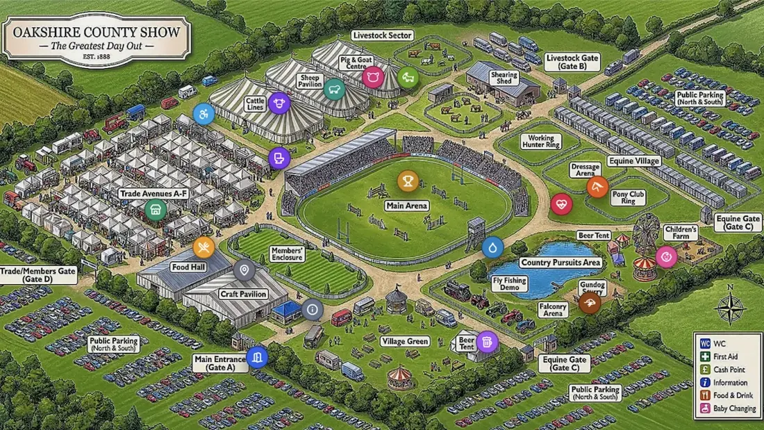 An uploaded illustrated show map with ShowDayGuide's interactive pins added on top — toilets, first aid, rings, trade stands and entrances all tappable