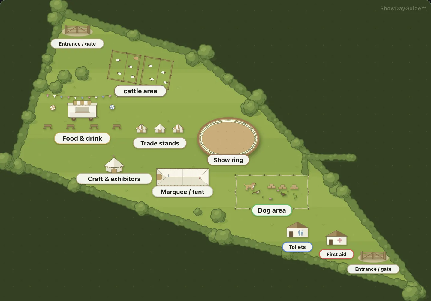Illustrated show map built with ShowDayGuide's map builder